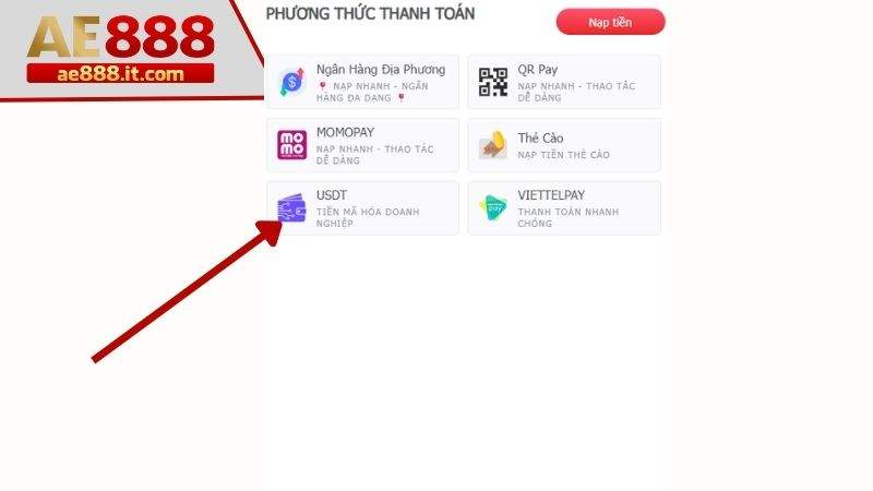 Chọn phương thức nạp tiền USDT