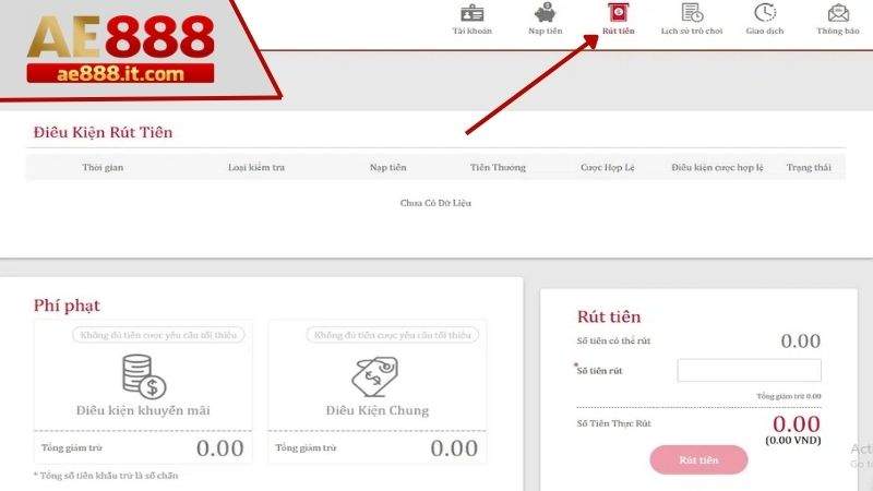 Đăng nhập vào trang chủ và chọn rút tiền