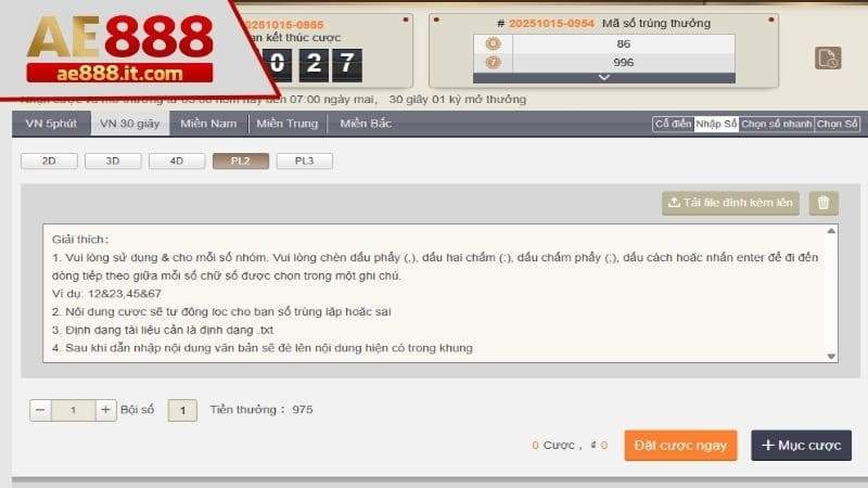 Giao diện chơi lô xiên PL1 - PL2