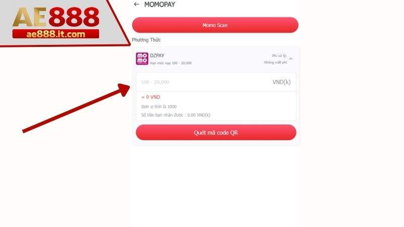 Nhập số tiền cần nạp và ấn quét mã code QR