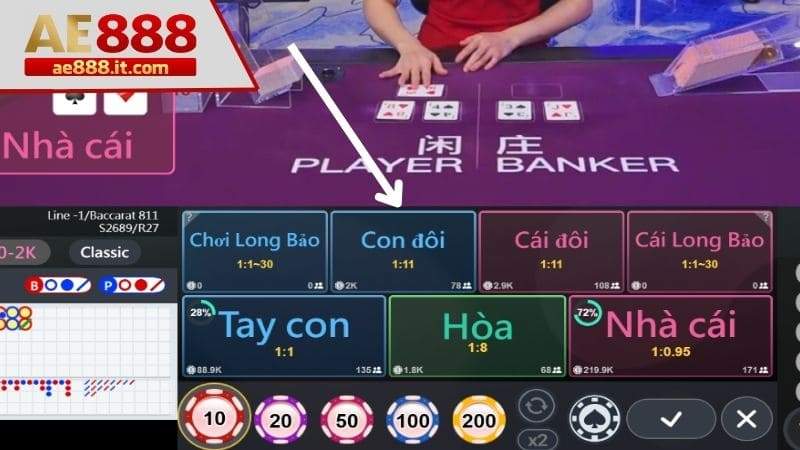 Chọn đặt cược vào cửa Tay con, hòa hoặc Nhà cái