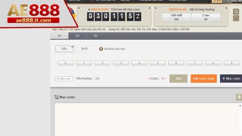 Giao diện cược xổ số Lào 1D